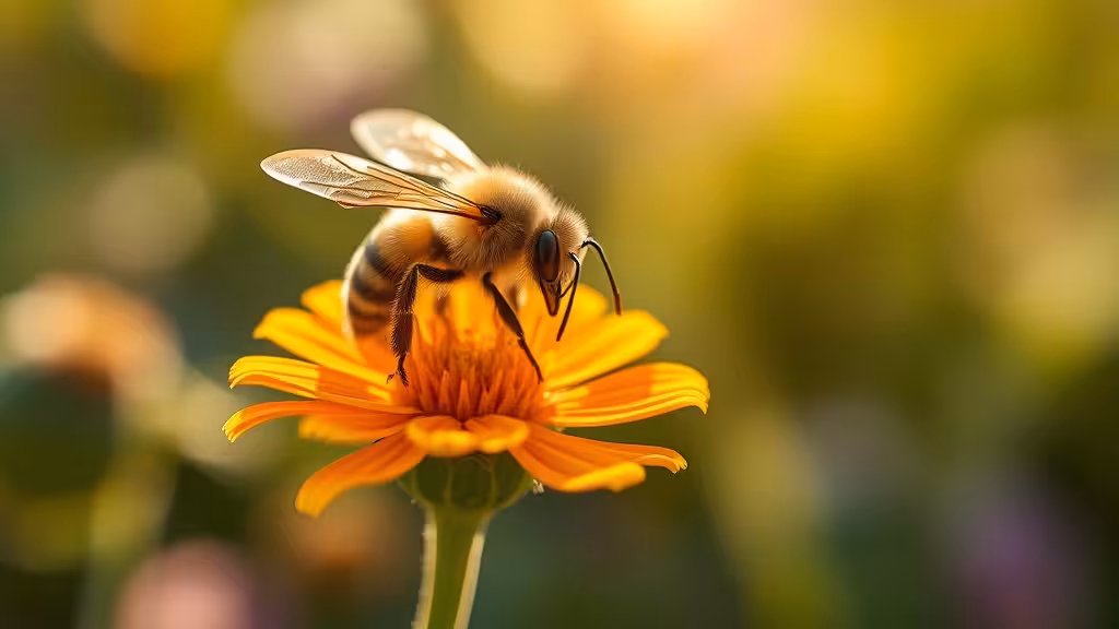 Abeille solitaire en gros plan butinant une fleur sauvage dans la lumière naturelle du matin