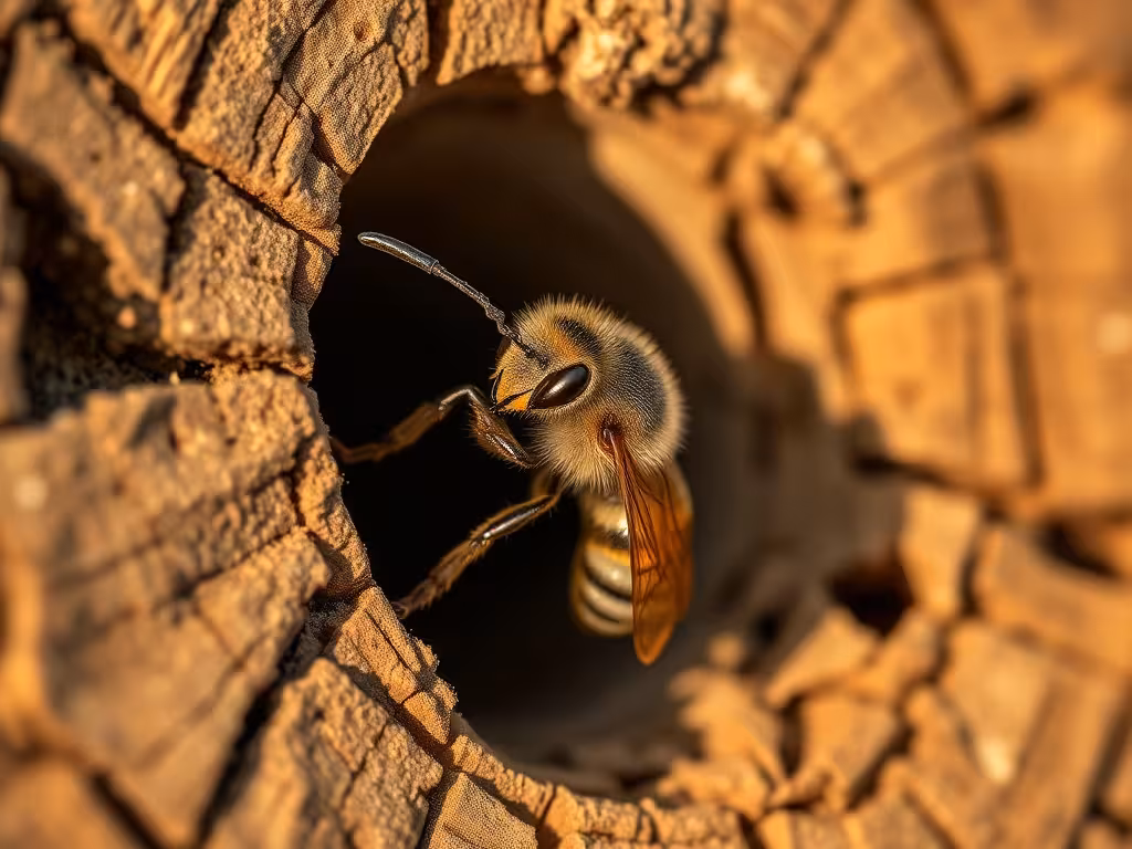 Détail d'une abeille solitaire à l'entrée de son gîte naturel dans un tube de bois
