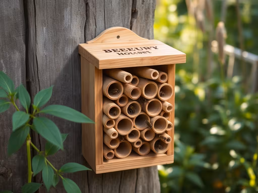Hôtel à abeilles solitaires artisanal installé au jardin avec tubes en bambou et gîtes de nidification