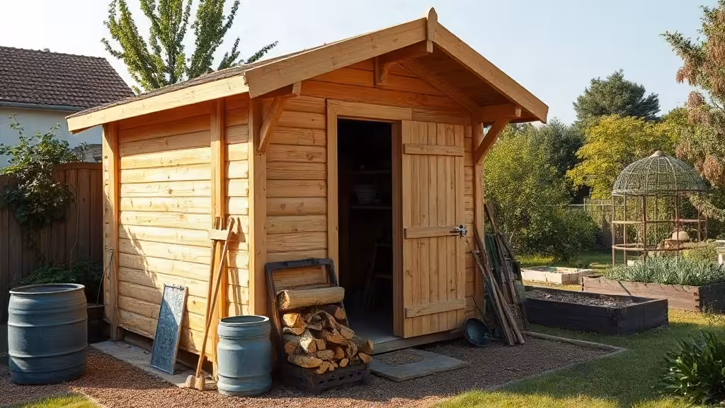 Abri de jardin faire soi-même en bois dans un potager permacole.