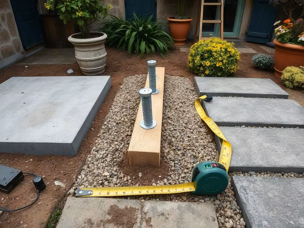 Fondations pour abri de jardin DIY : dalle, plots réglables et dalles de terrasse.