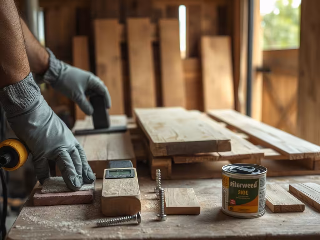 Préparation de palettes et traitement du bois pour un abri de jardin fait maison.