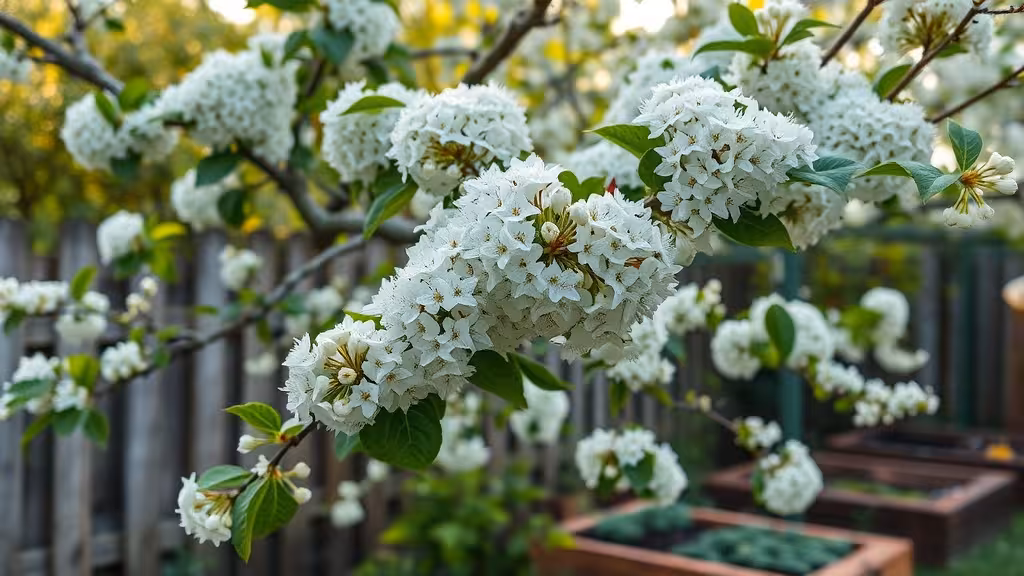 Amélanchier en fleur au printemps, arbuste chargé de petites fleurs blanches, dans un jardin naturel à la lumière douce