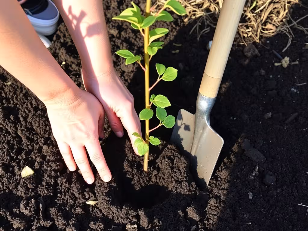 Plantation d'un jeune amélanchier dans un sol préparé, mains et bêche en action dans un lit de jardin