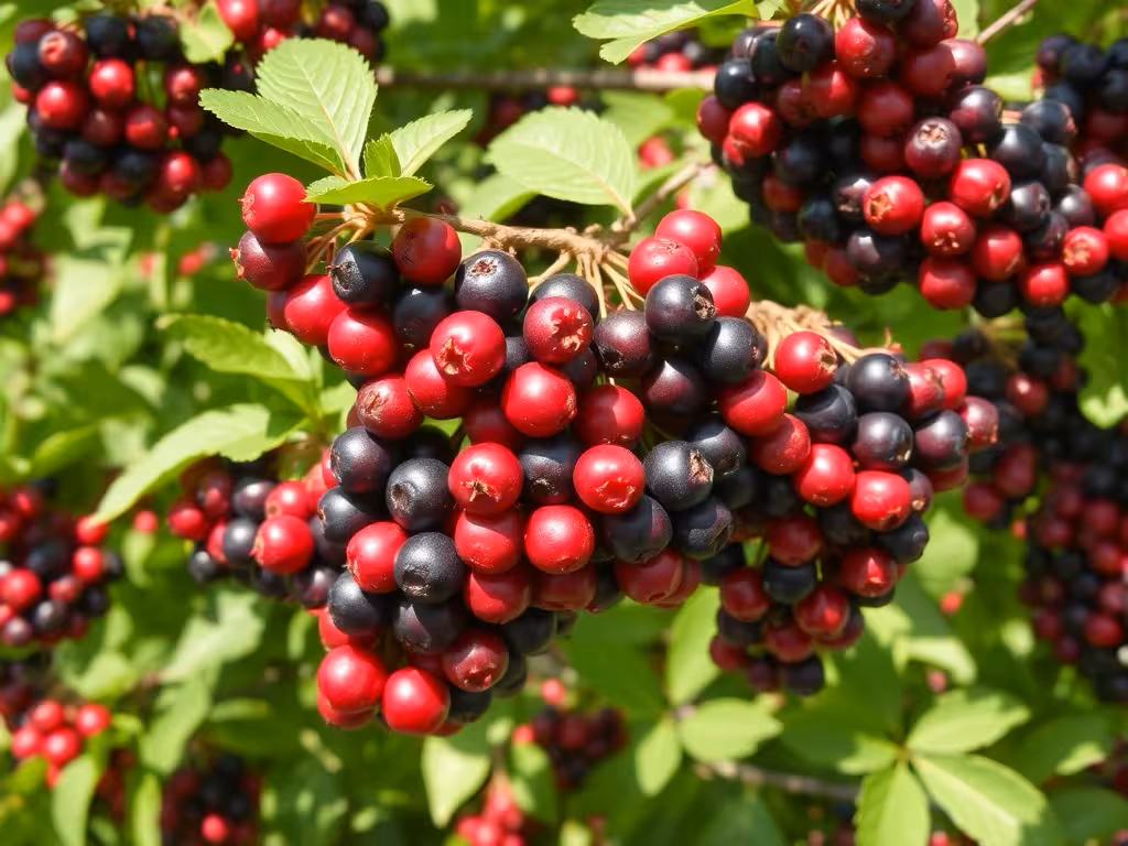 Branche d'amélanchier couverte de fruits mûrs, baies rouges à noires prêtes pour la récolte, lumière naturelle