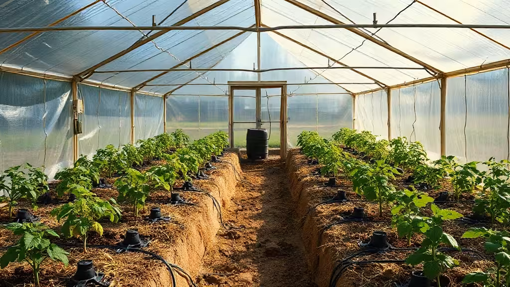 Arrosage automatique dans une serre avec goutte-à-goutte sur cultures paillées.