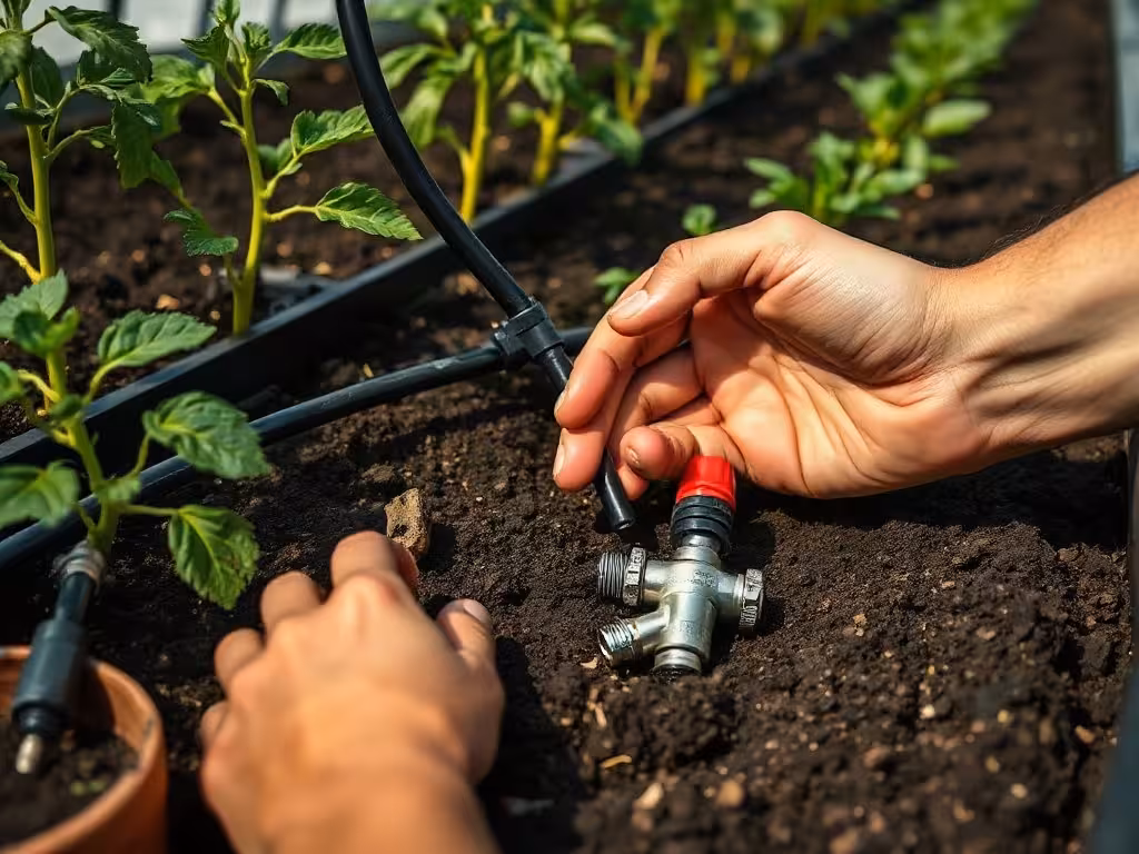 Installation d'un arrosage automatique dans une serre avec raccords et tuyau goutte-à-goutte.