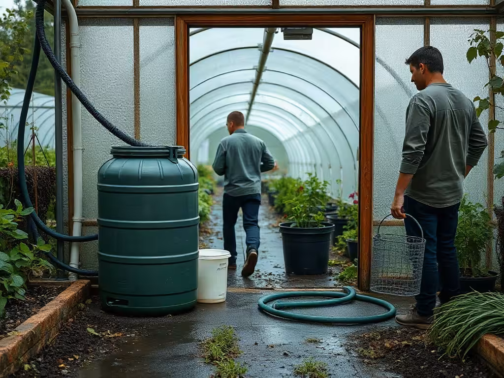 Récupérateur d'eau de pluie filtré pour arrosage automatique de serre.