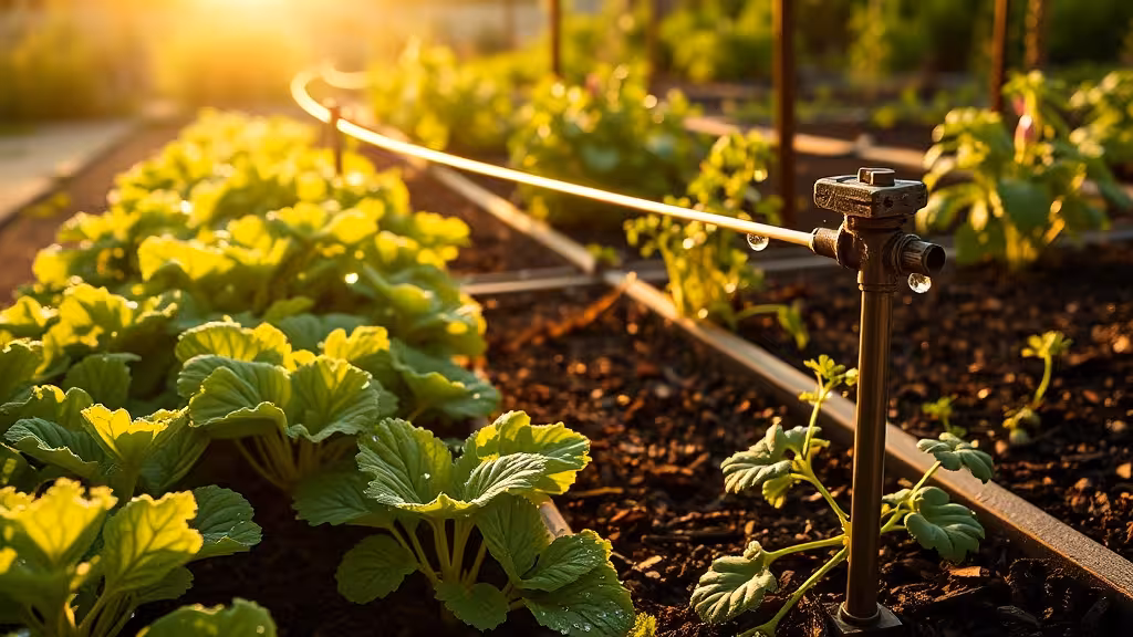 Jardin en permaculture avec système d'arrosage goutte-à-goutte, sol humide paillé, lumière du matin