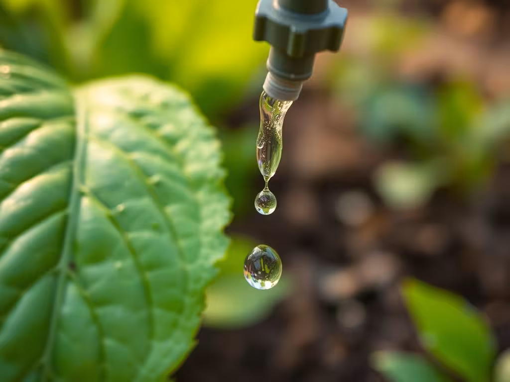 Arrosage goutte-à-goutte en action sur une plante, gouttelettes d'eau visibles sur les feuilles