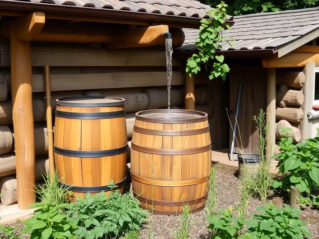 Récupérateur d'eau de pluie en bois intégré dans un jardin en permaculture