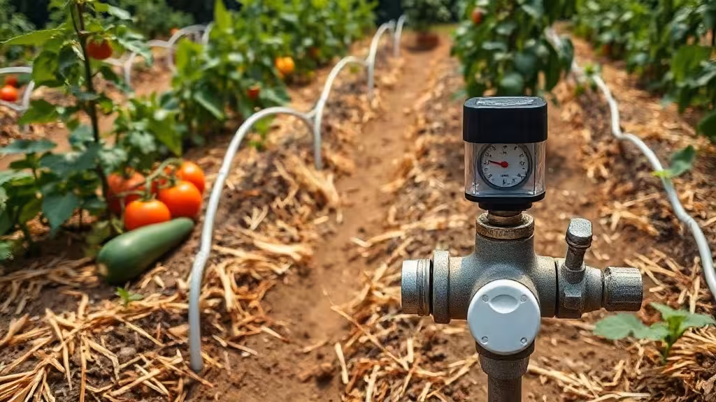 Arrosage programmé jardin avec goutte-à-goutte dans des planches potagères paillées