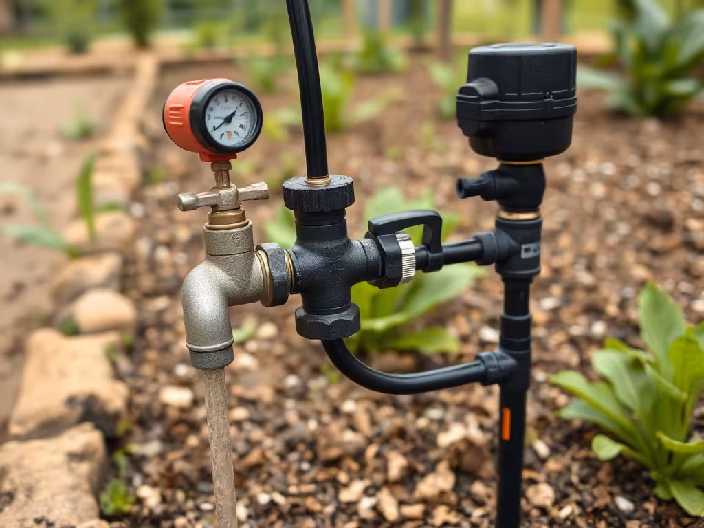 Programmateur pour arrosage automatique relié au réseau de goutte-à-goutte du jardin