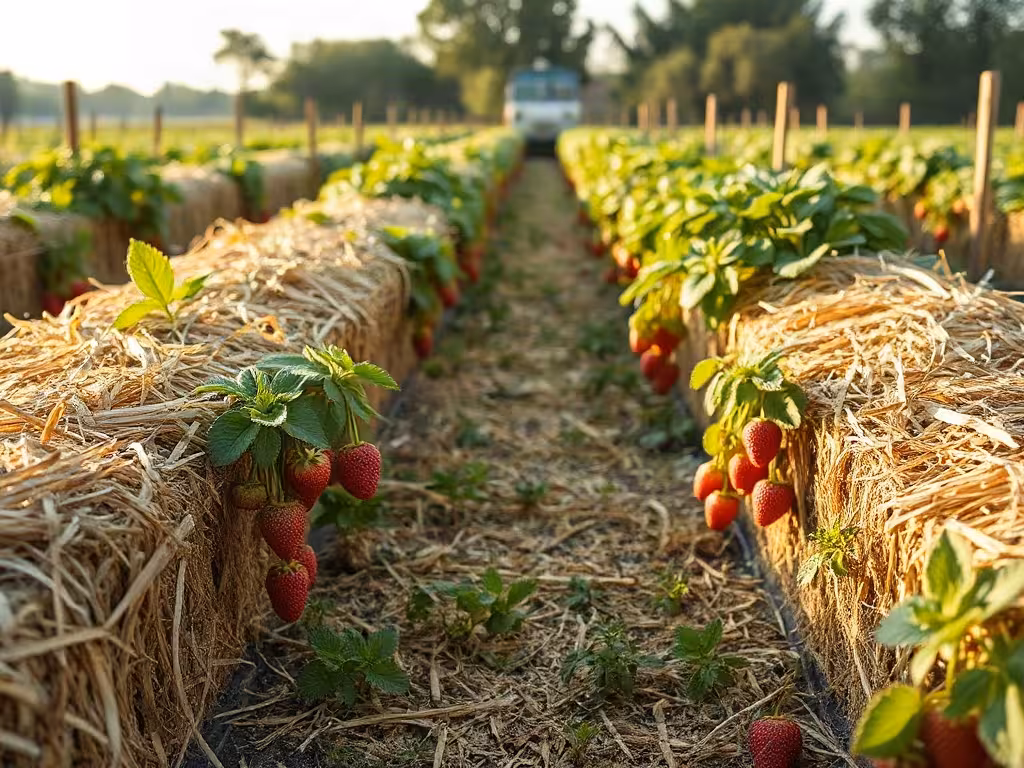 Salades temporaires entre les rangs de fraisiers en permaculture