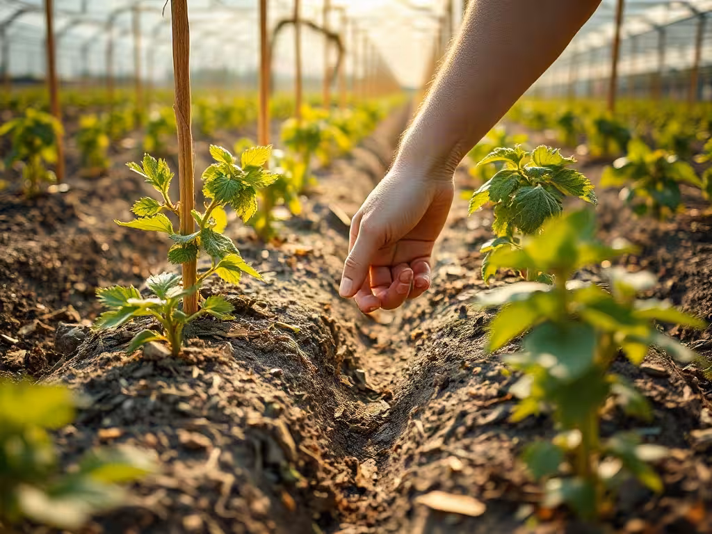 Installation espacée de fraisiers sur paillage dans un jardin en permaculture
