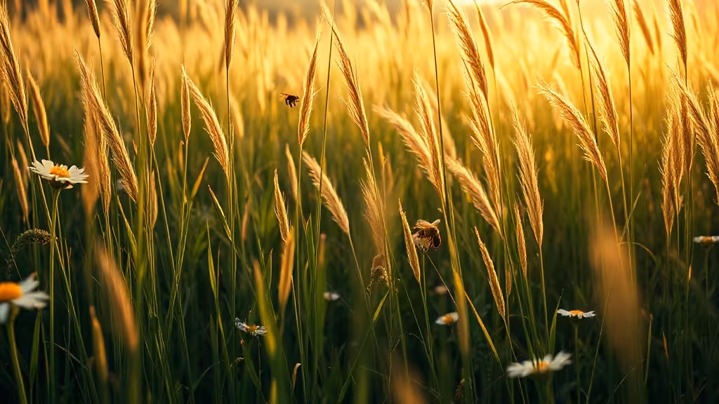 Prairie non tondue avec herbe haute, fleurs sauvages et pollinisateurs