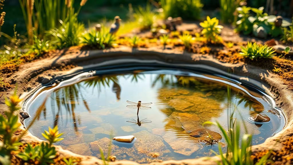 Petit bassin de jardin en permaculture avec végétation native, libellule survolant l'eau et oiseaux en arrière-plan, lumière douce du matin.