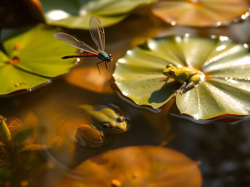 Bassin vivant : libellule, grenouille sur nénuphar, et poissons montrant la biodiversité établie.