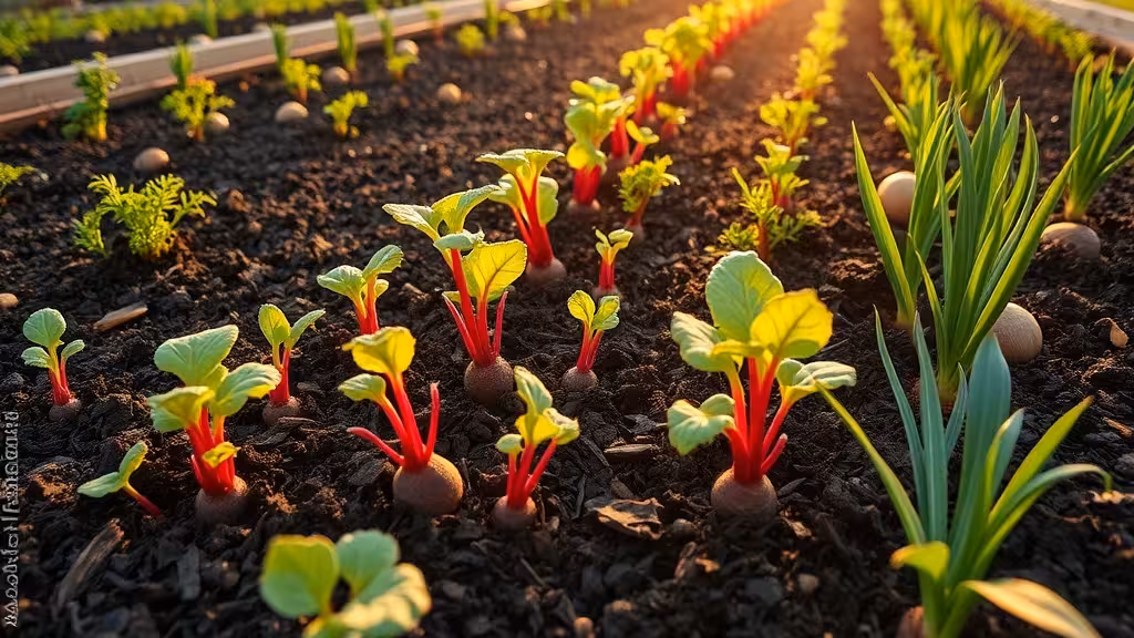 Potager permaculture avec jeunes betteraves rouges semées en ligne, terre paillée et cultures associées