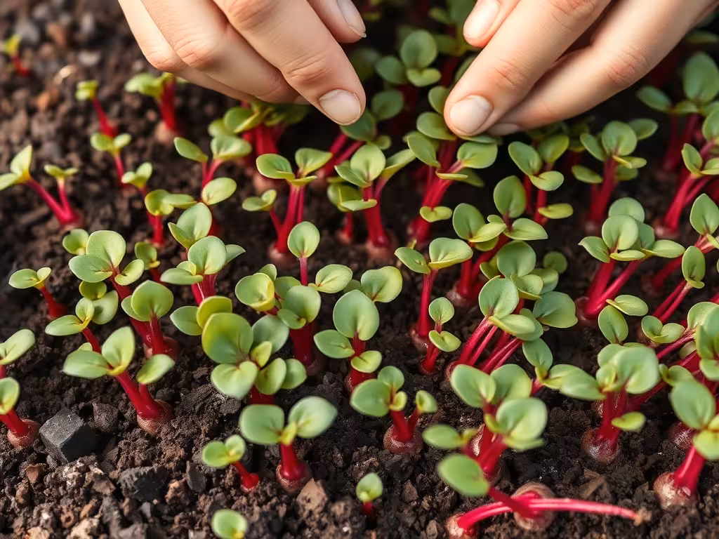 Semis serrés de betteraves en cours d'éclaircissage, jeunes plants rouges densément plantés dans la terre noire