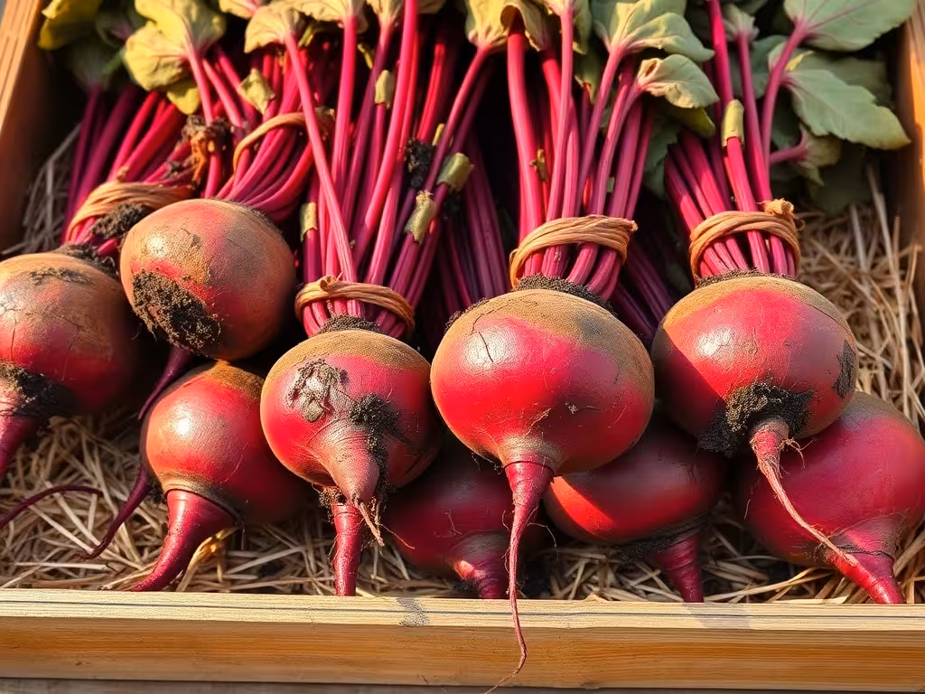 Betteraves rouges fraîchement récoltées avec terre attachée, couleur rouge vif profond dans une caisse en bois