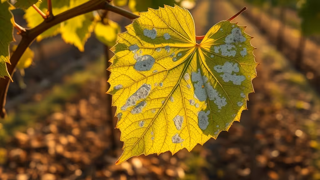 Feuille de raisin couverte de mildiou blanc, maladie principale traitée par la bouillie bordelaise au jardin.