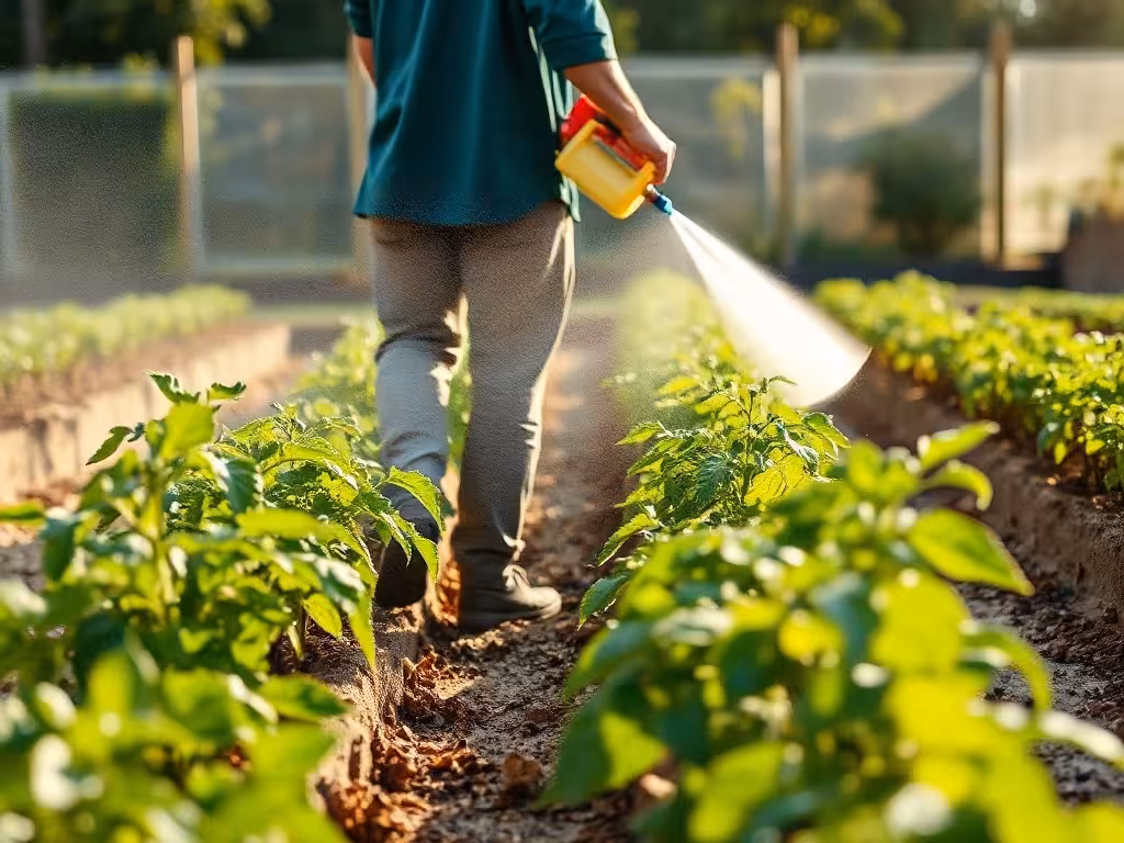 Application de bouillie bordelaise au pulvérisateur sur plants de tomate en jardin permaculture.