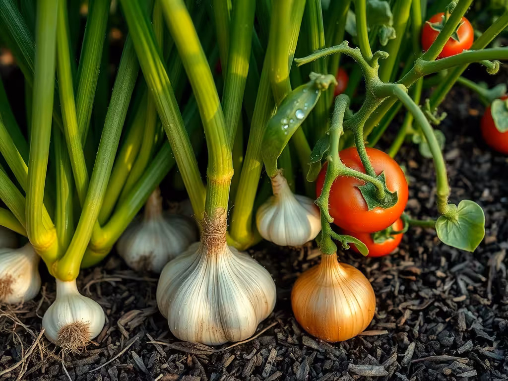 Ail et oignons associés à des tomates dans un jardin permaculture, prévention naturelle des maladies.