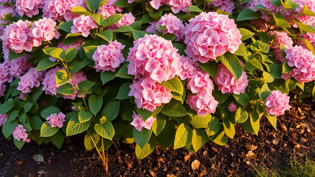 Hortensia rose en fleurs au jardin, rameaux jeunes et matures visibles en lumière naturelle