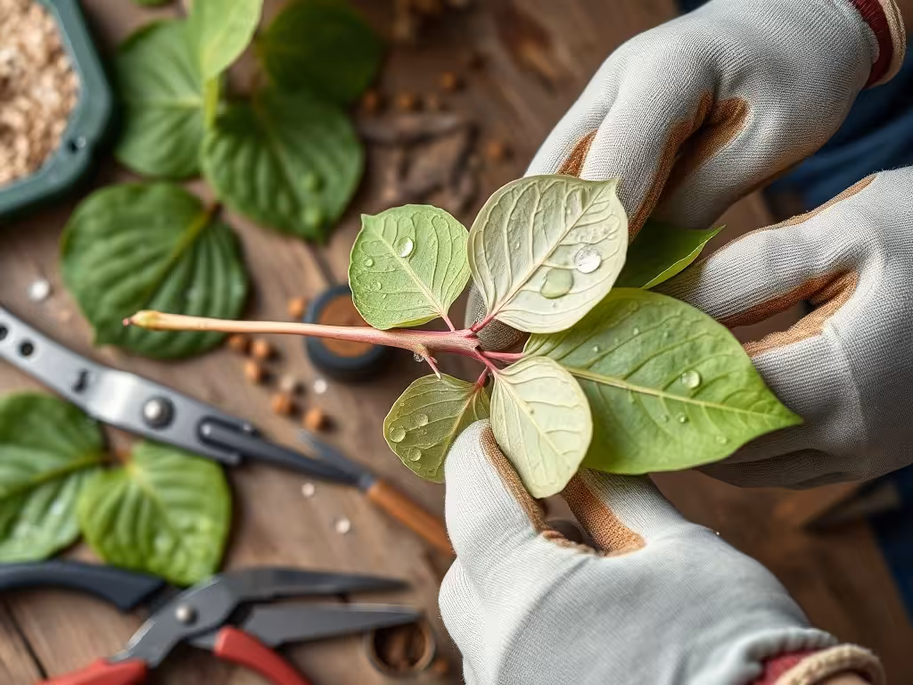 Rameau d'hortensia prélevé avec outils de préparation et sécateur sur établi de jardin