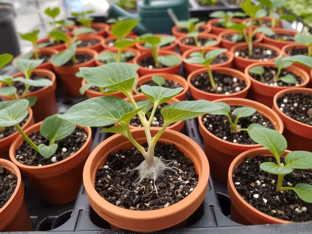 Boutures d'hortensia en enracinement montrant racines blanches développées et substrat humide en pots