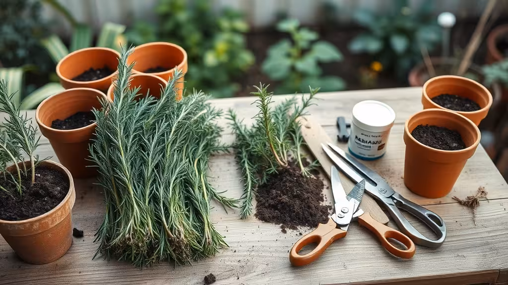 Table de travail avec tiges de romarin frais, pots en terre cuite et matériel de bouturage en attente