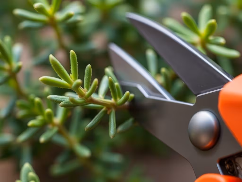 Tige de romarin saine avec feuillage dense et base fraîchement coupée au sécateur