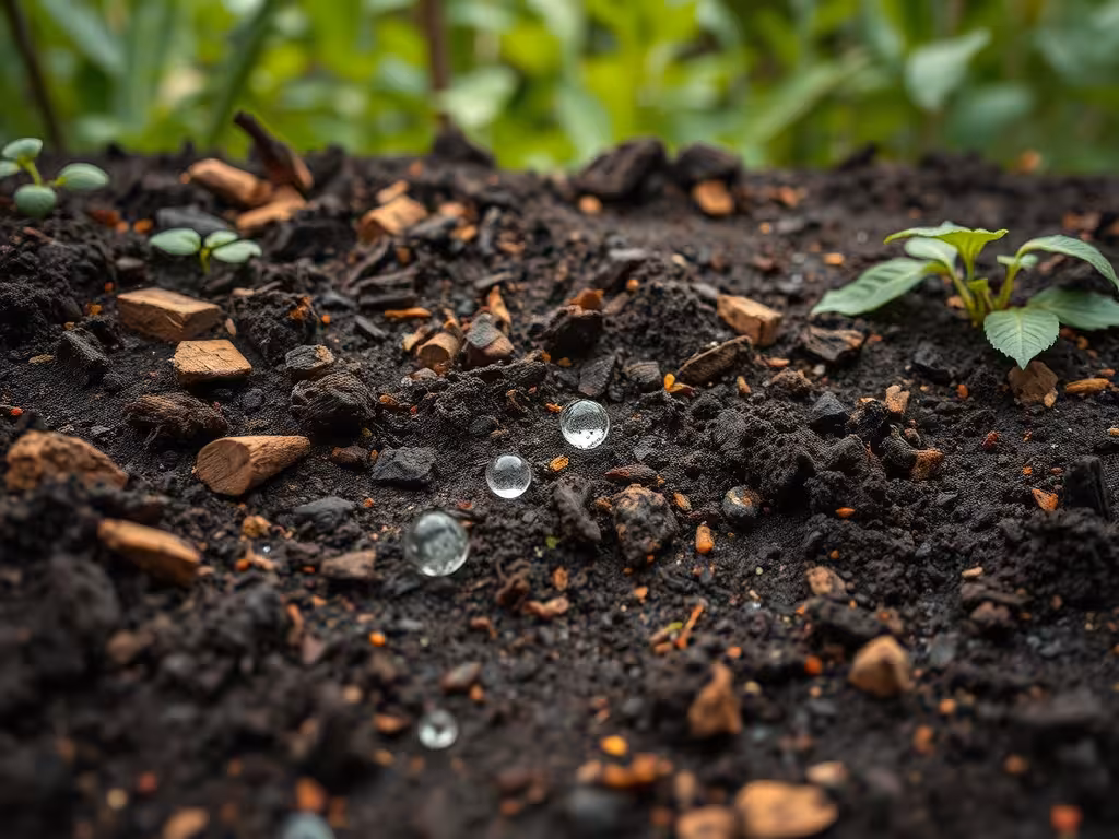 Poignée de sol fertile montrant le BRF décomposé, les vers de terre et la structure améliorée du sol après apport.