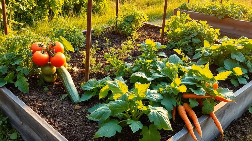 Butte de permaculture en production estivale avec cultures variées, paillage épais et sol riche visible