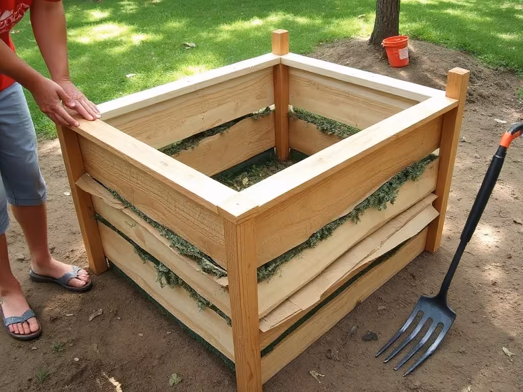 Montage d'une butte lasagne : couches de matériaux organiques empilées en construction