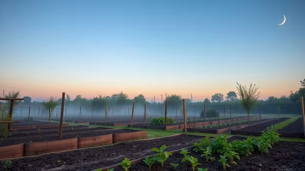 Jardin en permaculture à l'aube avec la lune croissante et semis en premier plan