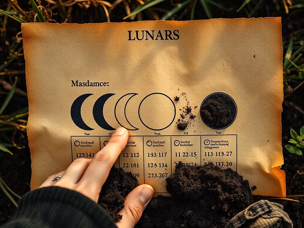 Phases lunaires (croissante, pleine, décroissante) avec mains consultant le calendrier lunaire