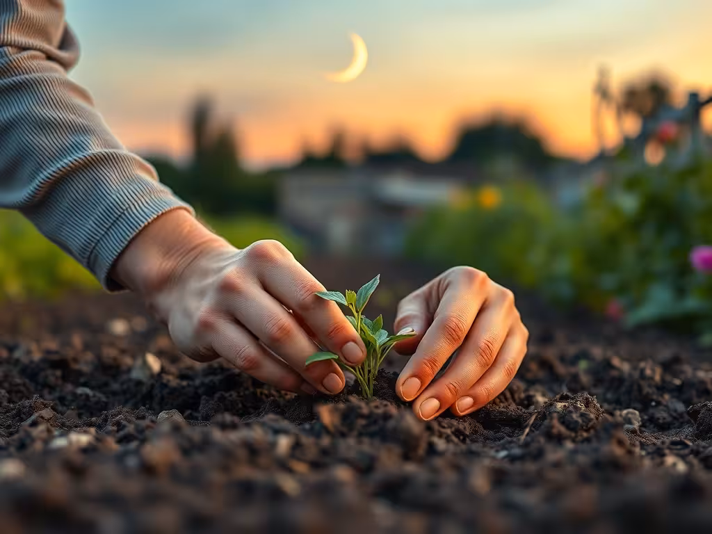 Jardinier travaillant au jardin avec la lune visible en arrière-plan