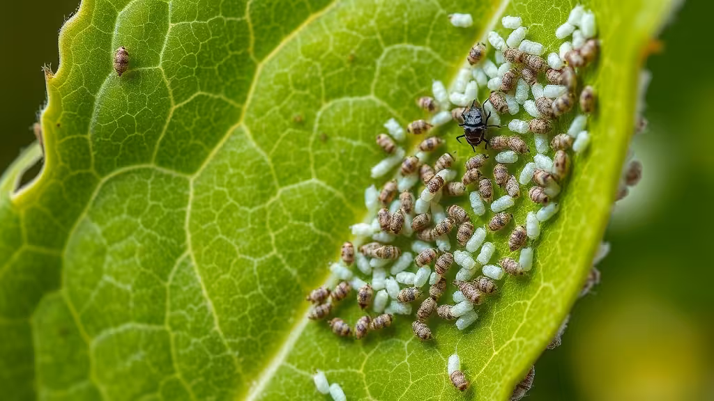 Feuille infestée de cochenilles blanches à écailles, infestation clairement visible