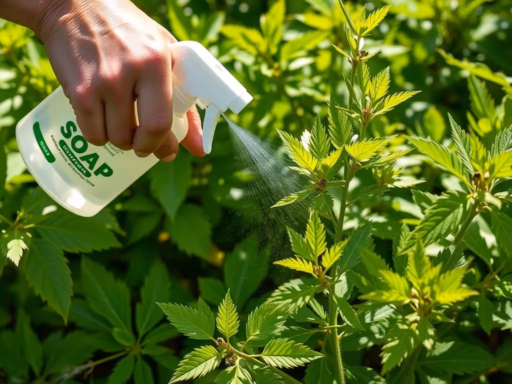 Pulvérisation de savon noir sur plante infestée, traitement naturel en cours