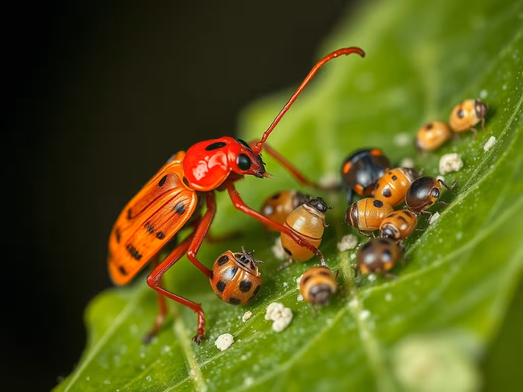 Cryptolaemus prédateur se nourrissant de cochenilles, lutte biologique naturelle en action