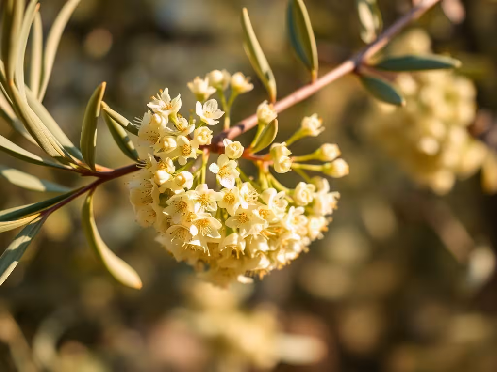 Fleurs d'olivier en floraison, petites fleurs jaune pâle, perspective botanique détaillée