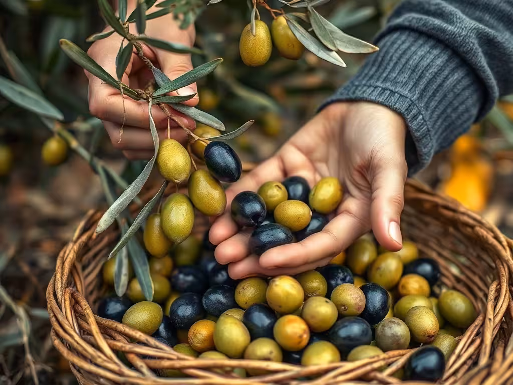 Récolte d'olives mûres à la main, panier en bois, ambiance d'automne méditerranéen