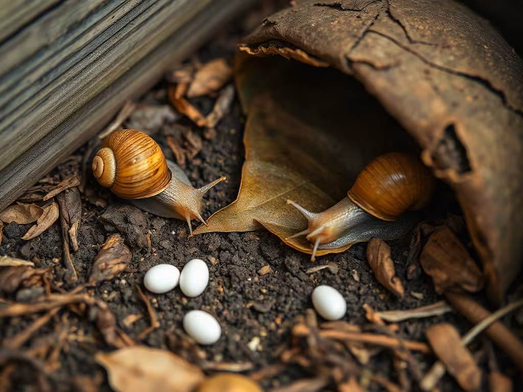 Pontes d'escargots protégées dans un substrat humide d'escargotière domestique.