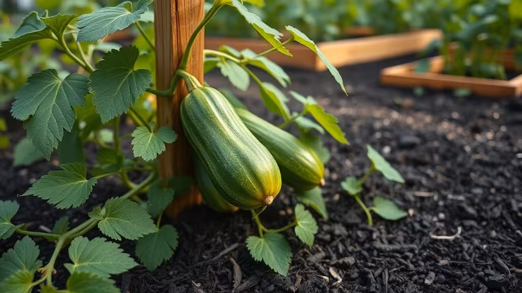 Concombre mature en pleine terre, paillé, prêt à récolter au potager bio.