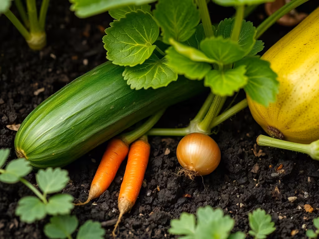 Concombre associé à ses compagnes : carottes, oignons et courges au potager.