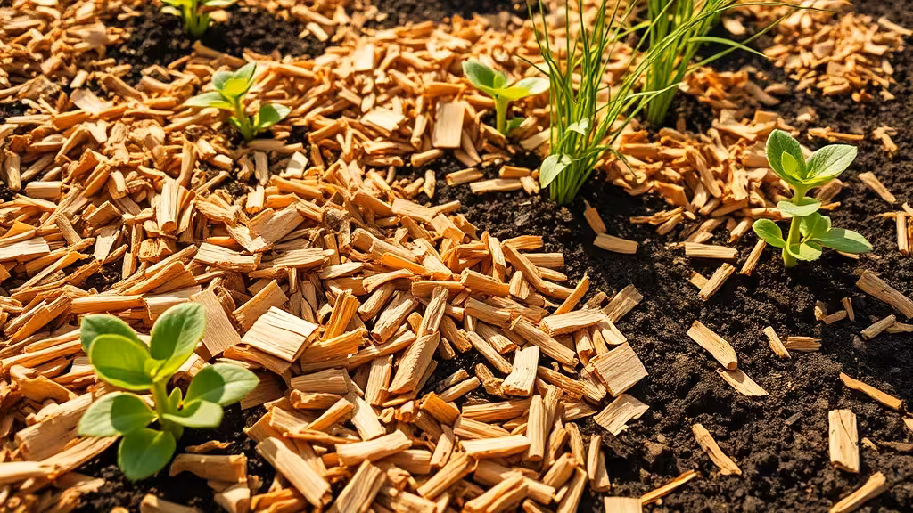 Copeaux de bois frais en paillage sur sol de jardin, vue rapprochée montrant la texture et la profondeur du paillage.