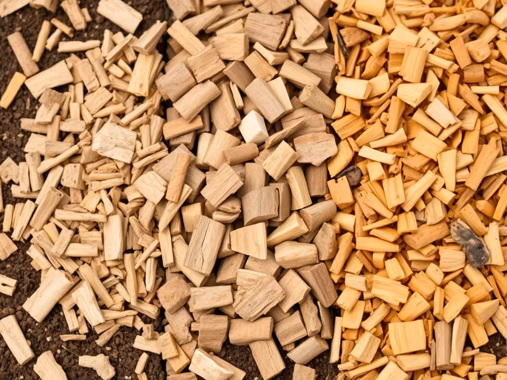 Trois types de copeaux de bois pour paillage : BRF fin, feuillus et résineux avec textures et couleurs distinctes.