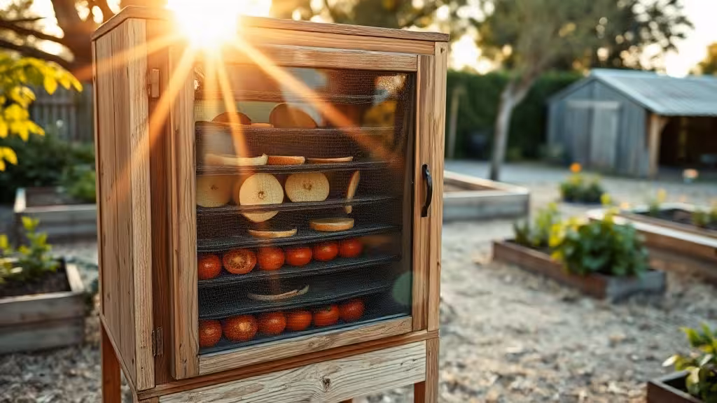 Déshydrateur solaire en bois dans un potager paillé, avec claies de tomates et pommes.
